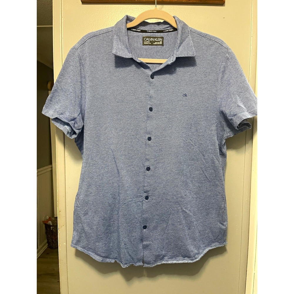 Calvin Klein Liquidtouch Blue White Micro Check Short Sleeve Button Up Mens L